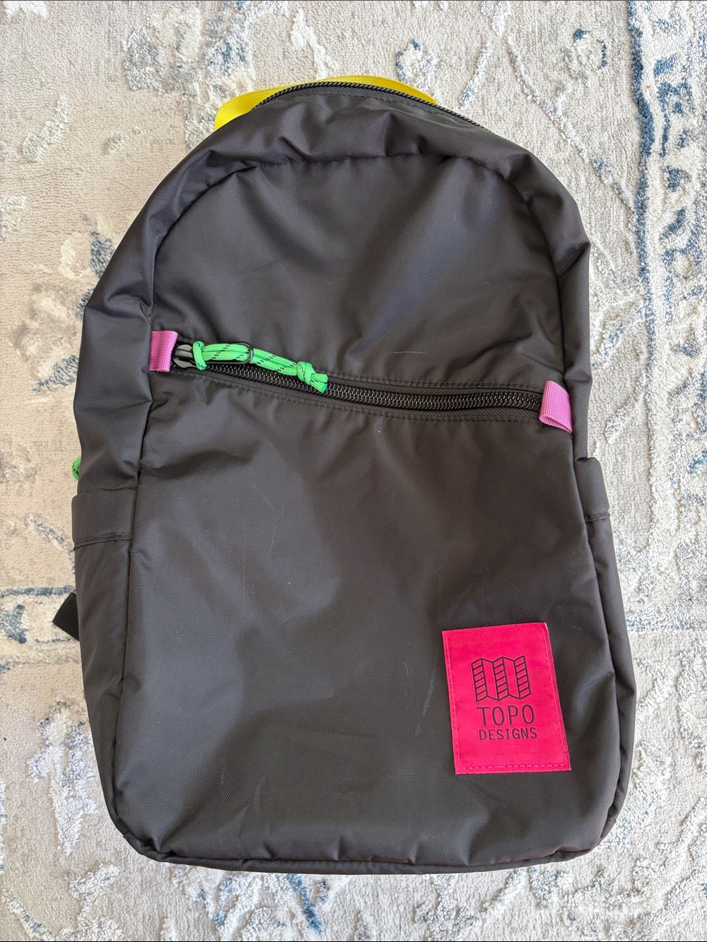 TOPO DESIGNS Black Backpack with Pink Patch and Green Accents